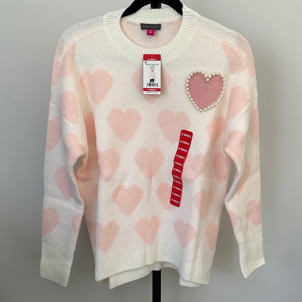 Vince Camuto Pink Heart Pearl Crewneck Sweater